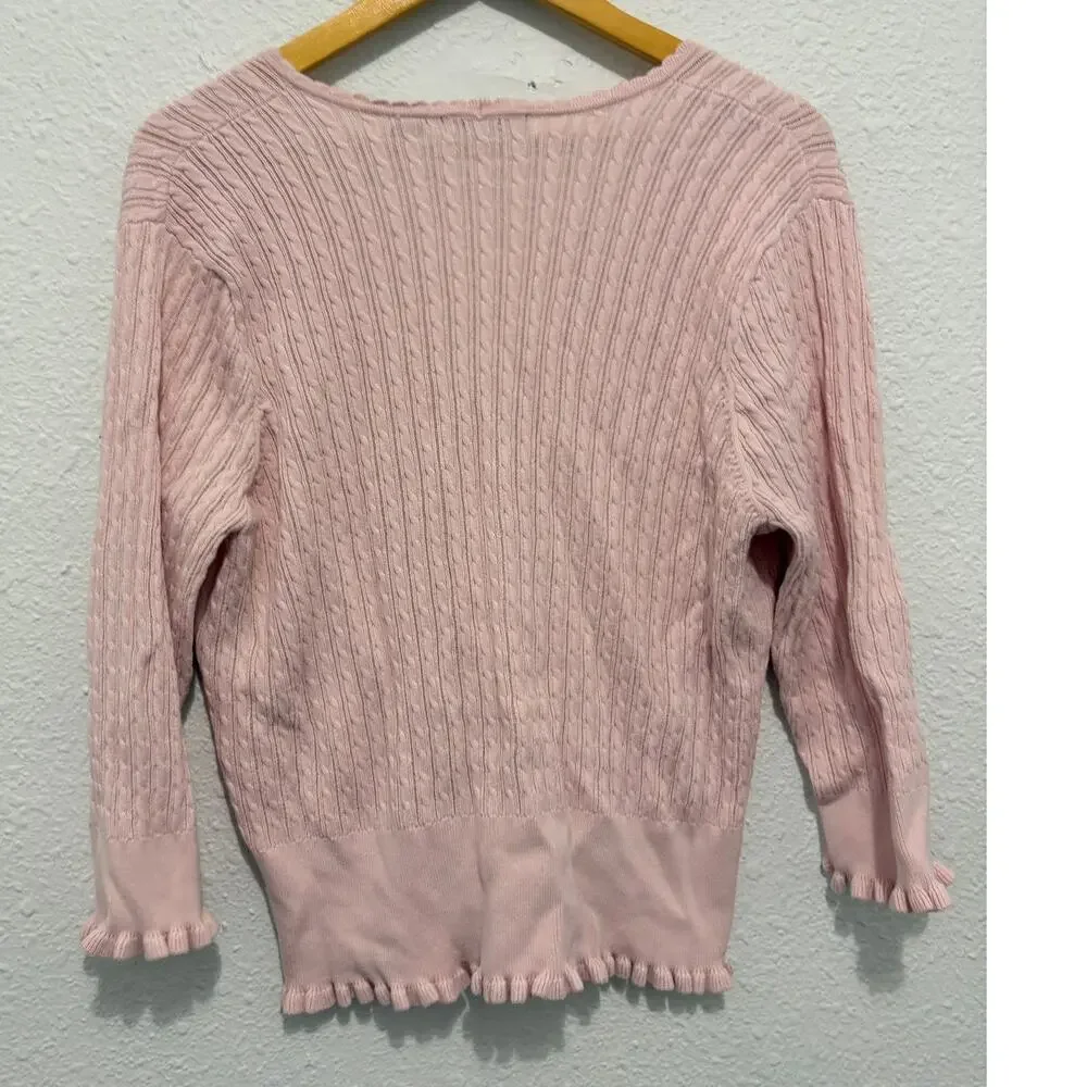 Vintage Pink Knit Cardigan Cottage Fairy Ballet Ruffle Feminine Girly Baby Pink
